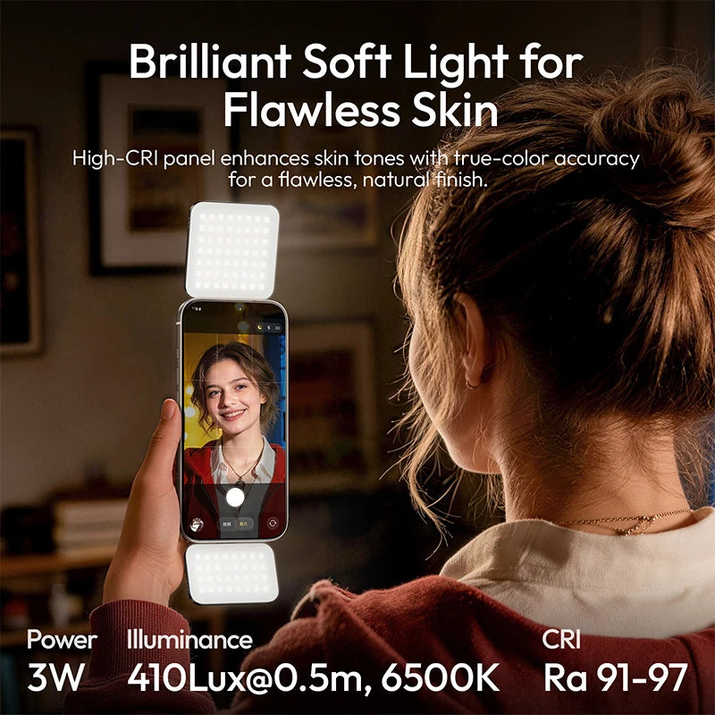 ភ្លើងបំពេញម៉ាញេទិក Ulanzi GL01 ភ្លើងចំហៀងពីរដែលអាចលៃតម្រូវបានសម្រាប់ Iphone 17 Android ភ្លើង Selfie ដែលអាចបន្ថយពន្លឺបាន 2700-6500K សម្រាប់ Live Vlog