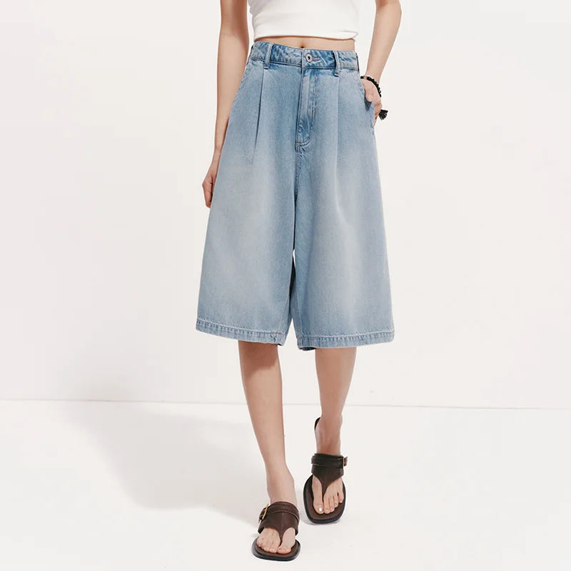 Semir Women Pants Denim Cool Feeling Loose Pleated Trendy Slim Fit Knee Length 2026 Summer Casual Street Style