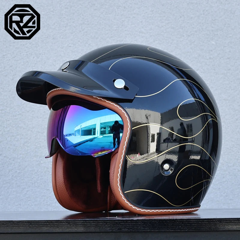 ORZ adult motorcycle helmet with built-in sun visor retro cruise 3/4 half helmet capacity motor DOT approval