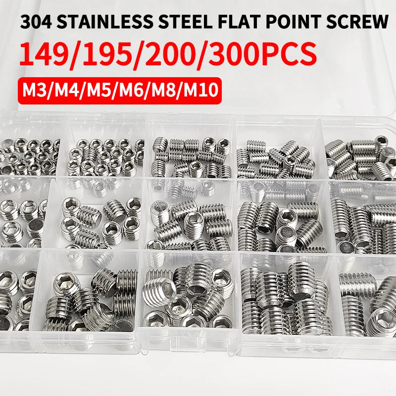 M3-M10 DIN913 Black Steel 304 Stainless Steel Hex Hexagon Socket Allen Flat Point Set Screw Grub Bolt Assortment Kit