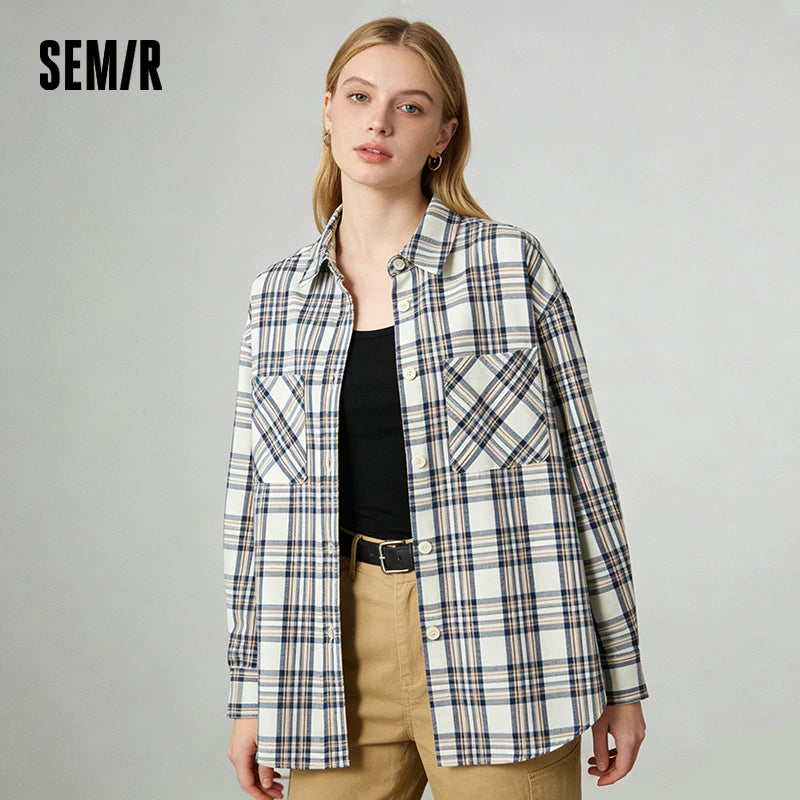 Semir Vintage Shirt Women Long Sleeve Mid Length Red Plaid Top Loose Casual Fashion Blouse 2026 Spring Stylish Outerwear