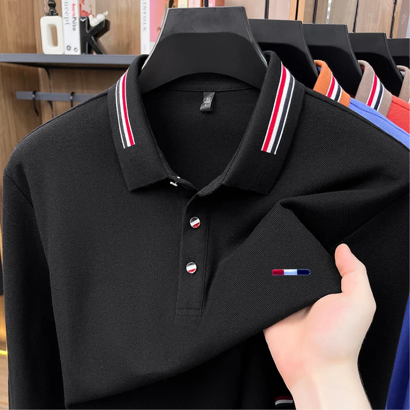 100% Cotton Man Long-Sleeved Polo Shirt Lapel Button Color Blocking Exquisite Pattern Embroidery Autumn New Leisure Polo Shirt