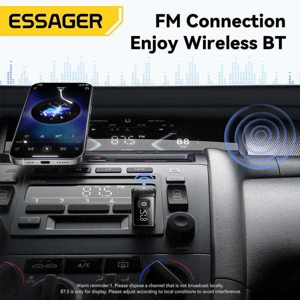 ESSAGER ឧបករណ៍ភ្ជាប់ Bluetooth 5.4 សម្រាប់រថយន្ត ឧបករណ៍បញ្ជូន FM ឥតខ្សែ ឧបករណ៍ទទួលសំឡេង និងការហៅទូរសព្ទដោយមិនប្រើដៃ មីក្រូហ្វូនស្តេរ៉េអូស្វ័យប្រវត្តិ គ្រឿងបន្ថែមសម្រាប់រថយន្ត