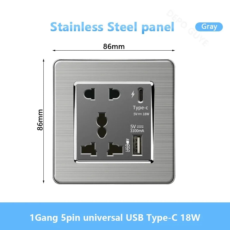 Universal Wall Light Switch Brushed Stainless steel Panel,UK Type-c 18W Quick Charging Socket 220V Double USB Electrical Outlet