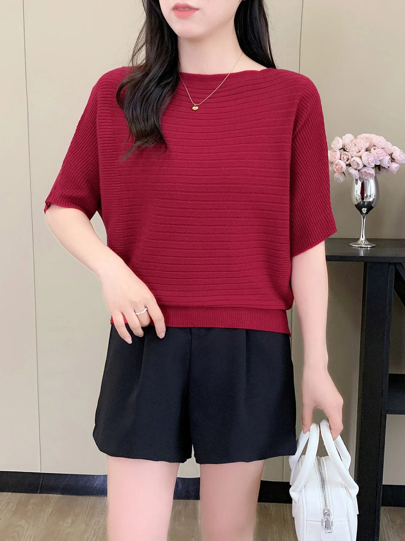Female Jumper Korean Short Knitted Sweater One-word Collar Top Women's Five-quarter Sleeves Spring Autumn Pullover Shirt