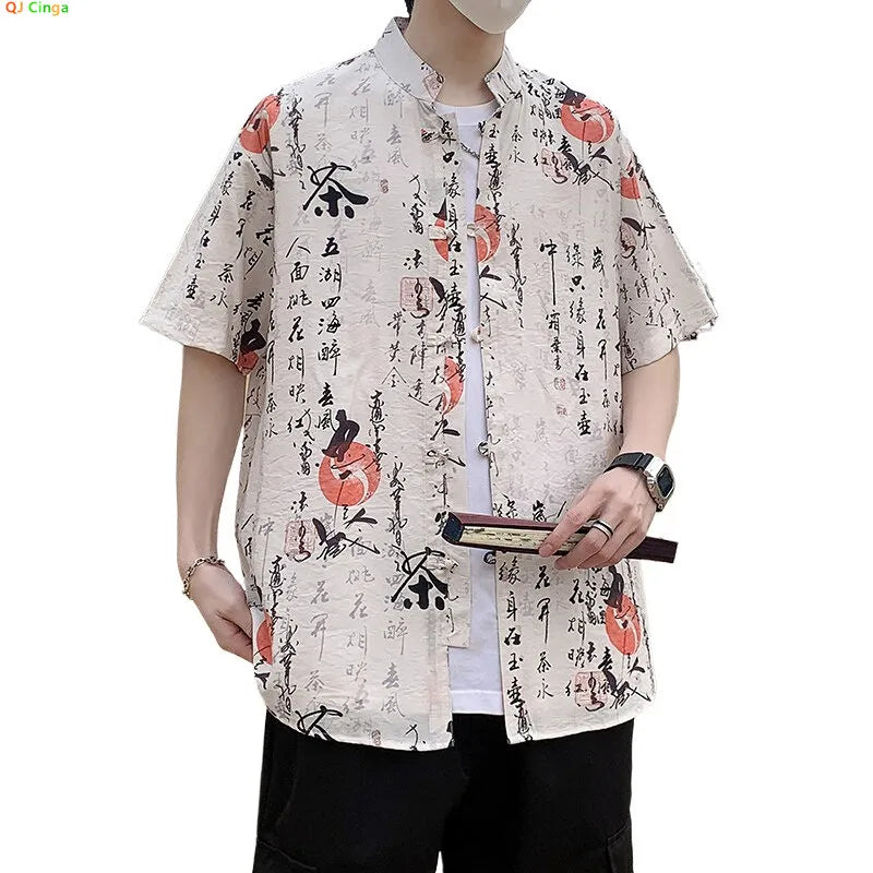 2026 Chinese Style Men's Short Sleeve Shirt with Chinese Characters Decorations and Asian Size Single Button Beach Casual Top