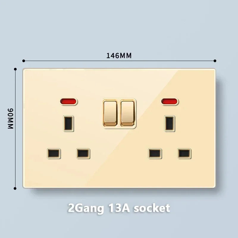 Deluxe Gold Tempered Glass Universal Dual power outlet,UK 13A Wall plug socket with 20W Fast charge,Home Electrical Light Switch