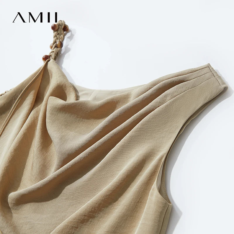 AMII Minimalist Solid Summer Camisole Dress Women New 2026 Sling Collar Pleated Sleeveless Loose Dresses Female Fashion 12552040