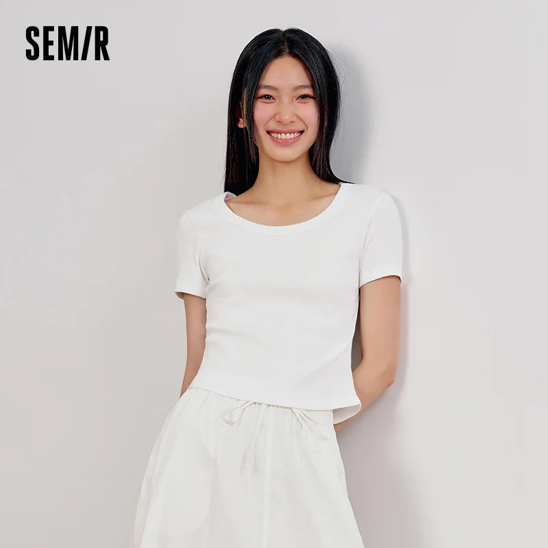 Semir Womens Tshirt 2026 Short Style Slim Fit Large Crew Neck Regular Shoulder Solid Basic Casual Soft Daily Wear