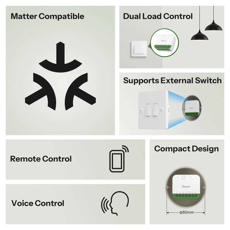 SONOFF MINI DUO 2-Gang Matter Over WiFi Smart Switch MINI-2GS Dual-Load Control Detach Relay Mode Works with Alexa Google Home