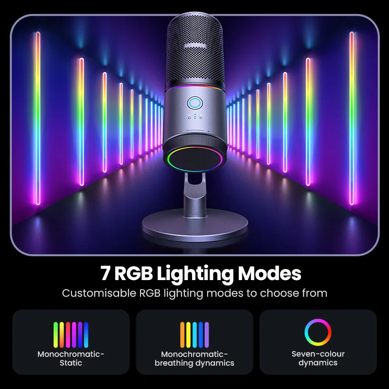 UGREEN USB Microphone with RGB Modes Professional Condenser Mic for PC Mac Gaming Karaoke Recording Streaming Podcasting