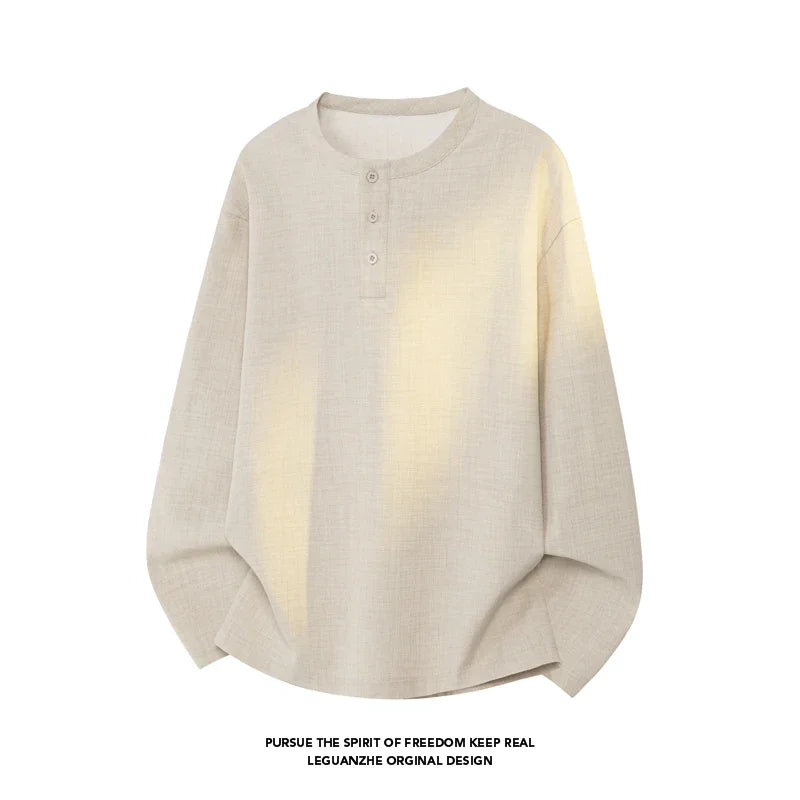 Mens Autumn Henley Collar Pullover Textured Fabric Half Button Placket Loose Long Sleeve Leisure Clothing