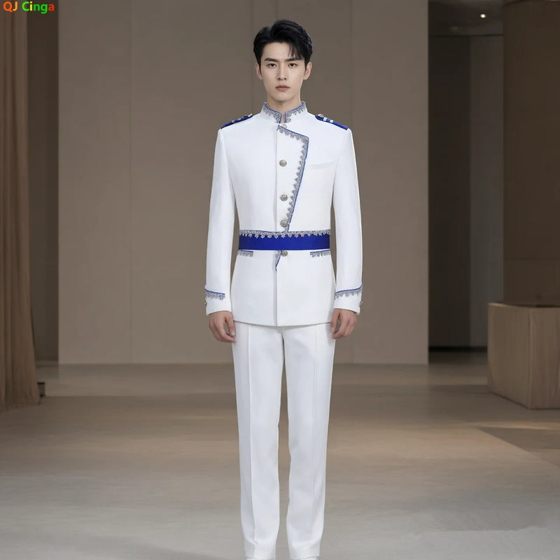 European-style Men's White Court-inspired Two-piece Suit, Suitable for Emcees, Stage Performances, and Prince-themed Costumes.