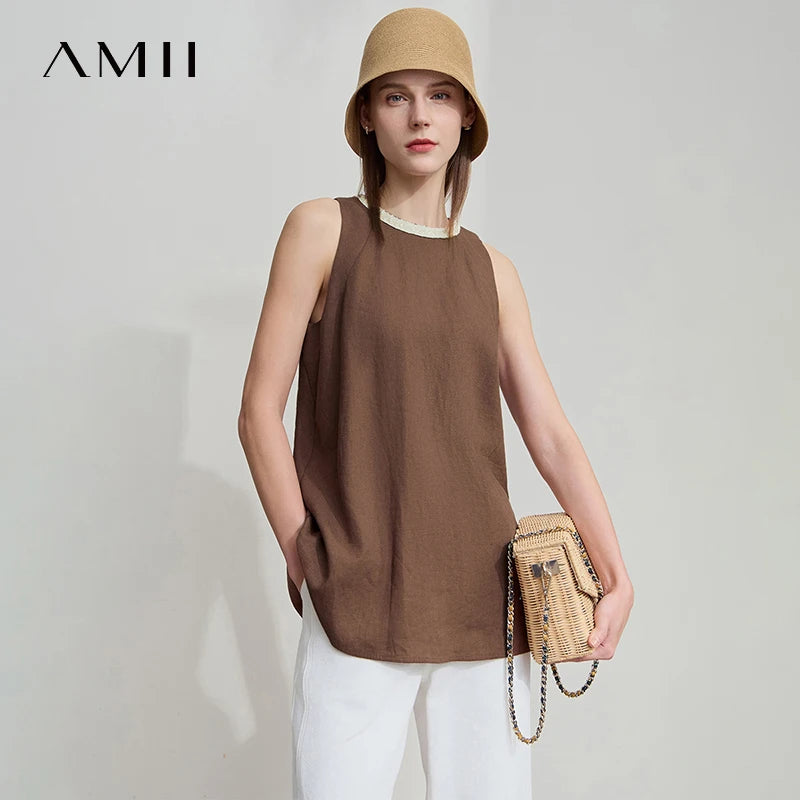 AMII Holiday Summer Vest Women 2026 Round Neck Solid Stitching Textured Ribbon Loose Vests Female Fashion Office Lady 12552045