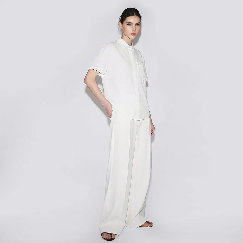 Amii Women's White Shirt 2026 Summer New Beaded Lapel Organza Patch Short Sleeve Blouse Loose Women's Casual Shirts 12642010
