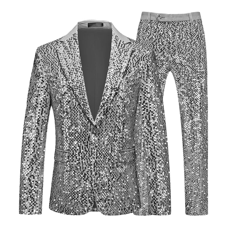 2026 New Men's Silver Suit Two-Piece Set, Wedding Party Jacket with Matching Pants, Asian Sizes, Available in Gold, Red, Blue