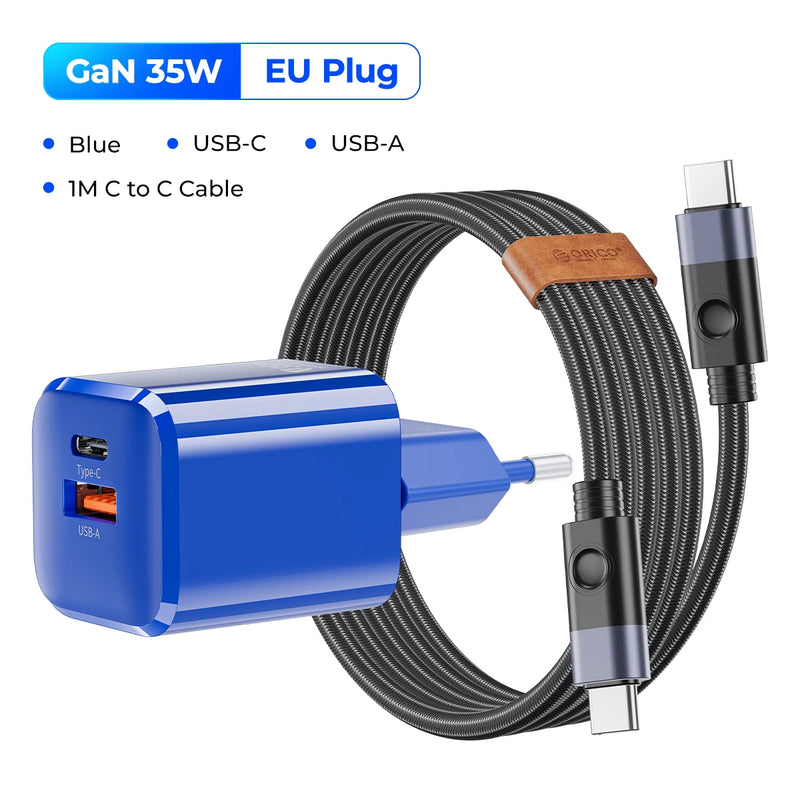 ORICO-GaN USB C Charger, EU Plug, PD Fast Charging, Dual Port, iPhone 13, 12, Max Pro, iPad, Xiaomi, Samsung, 35W