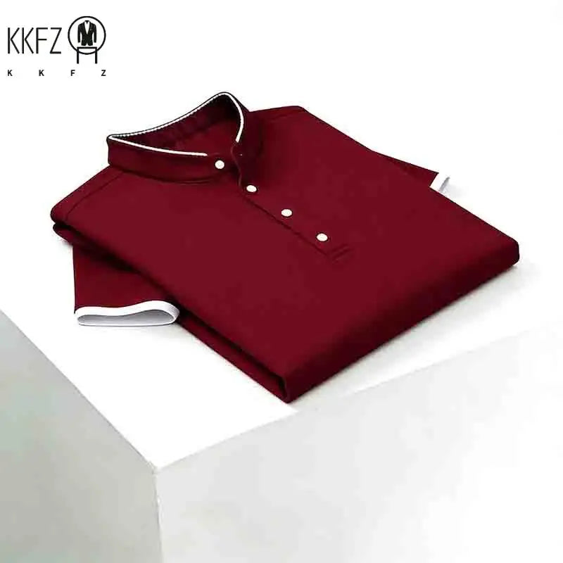 Men's Solid Black Stand Collar Short Sleeve Polo Shirt Half Button Pocket-free Casual Business Tee