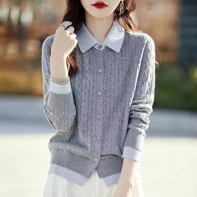 New Korean Woolen Long Sleeve Tops Female Lapel Shirt Spring Autumn Cardigan Women's Sweater Jacket Buttons Knitwear Coat