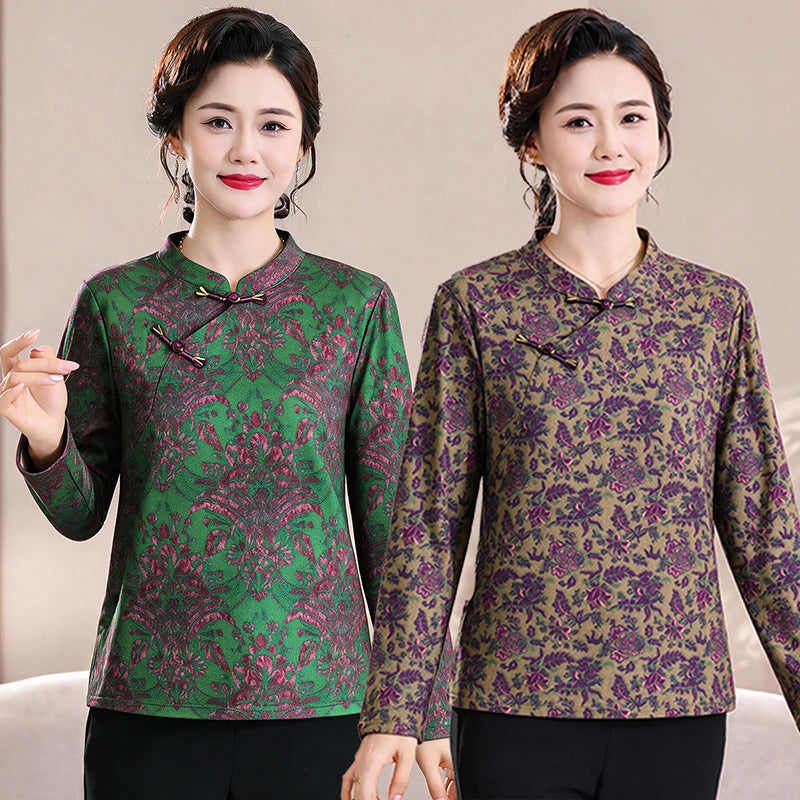 អាវយឺតដៃវែងស្ទីលអាស៊ីសម្រាប់ស្ត្រីរដូវស្លឹកឈើជ្រុះថ្មី អាវកអាវ cheongsam ផ្កាធម្មតា