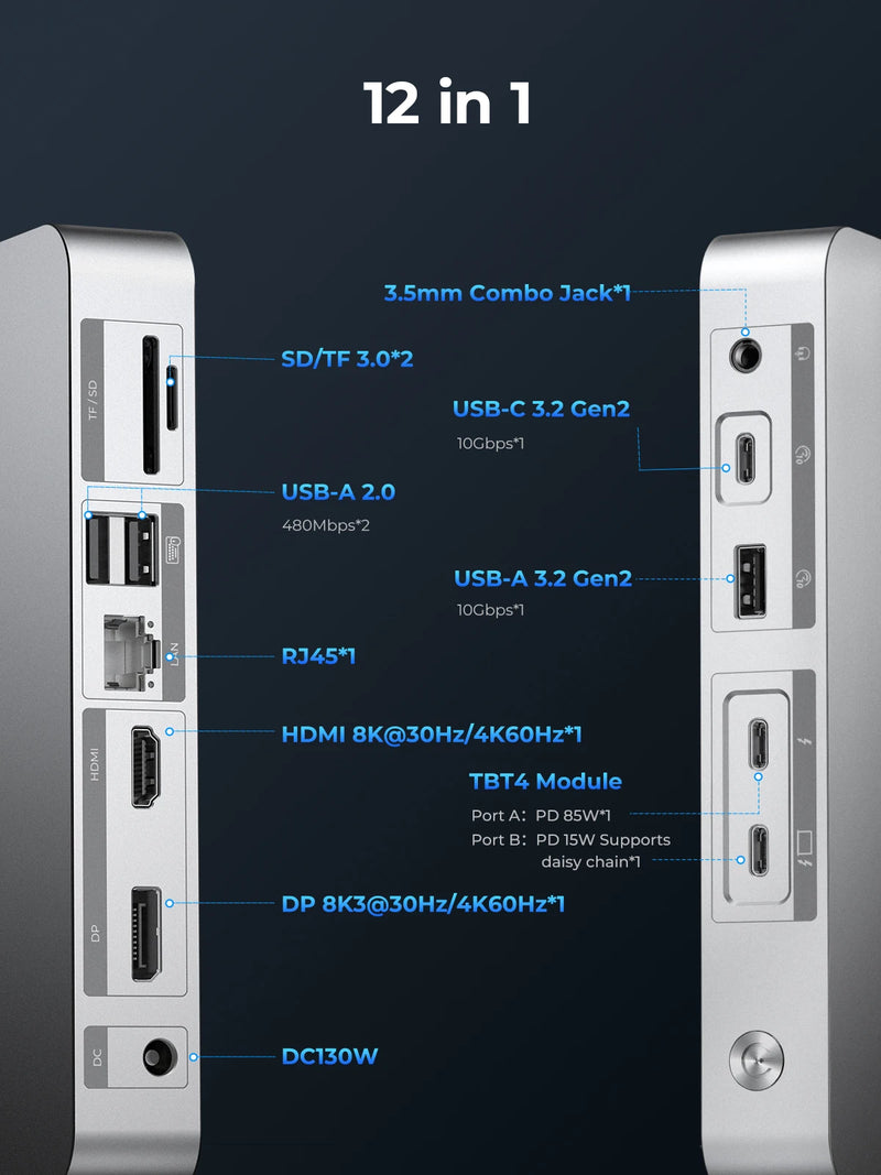 ORICO Thunderbolt 4 Docking Station Type C to HDMI-compatible Adapter 8K@30Hz USB 3.2 Gen2 HUB Splitter for MacBook Mac Windows