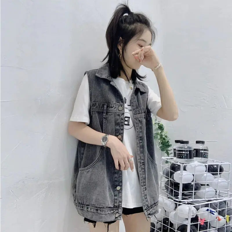 Women‘s Waistcoat Spring and Summer Denim Vest Student Top Korean Version Loose Medium Long Sleeveless Vest Jacket Female