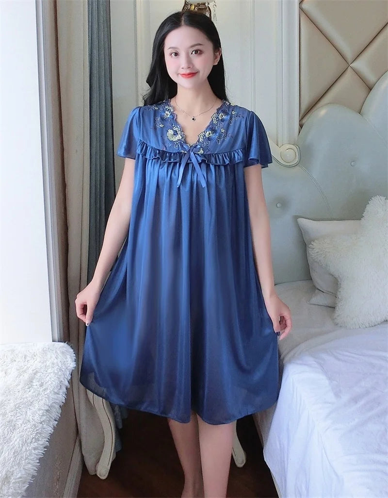 Nightwear Sexy Night Dress Nightie Sleeping Home Dress Pijama Plus Size Sleepwear Women's Silk Satin Sleepdress Nightgowns