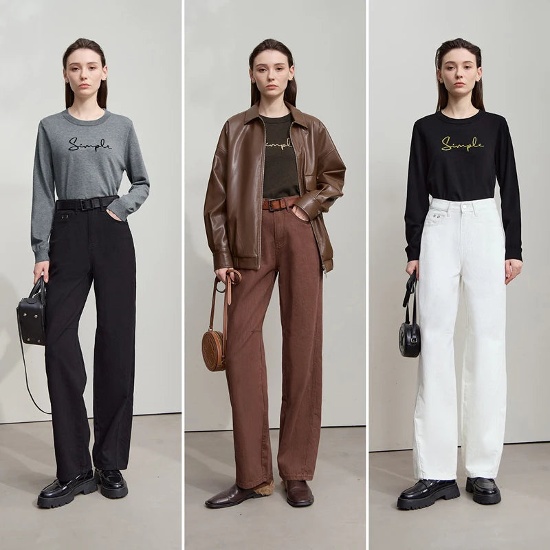 AMII Minimalist Women's Long Sleeve Pullovers 2026 Autumn Fashion Letter Jacquard Straight Tops Casual O-Neck Sweaters 12523052