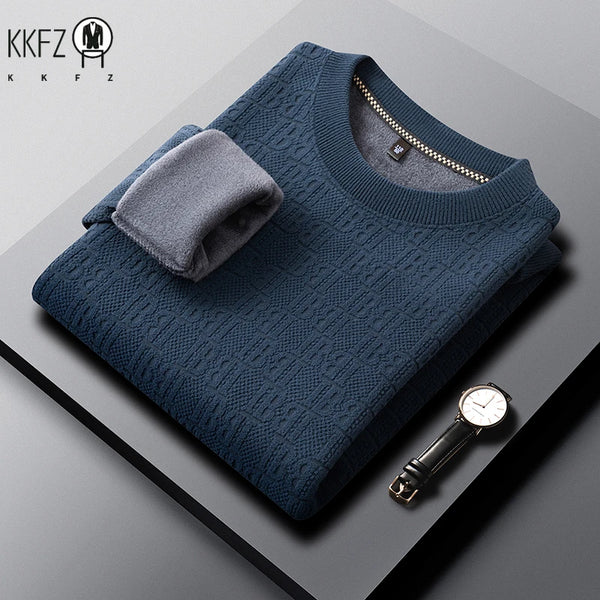 Mens Winter Long Sleeve Knit Top All Over Embossed Pattern Fleece Lined Round Collar Comfort Business Shirt