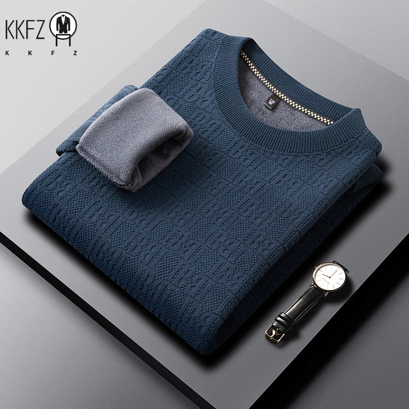 Mens Winter Long Sleeve Knit Top All Over Embossed Pattern Fleece Lined Round Collar Comfort Business Shirt