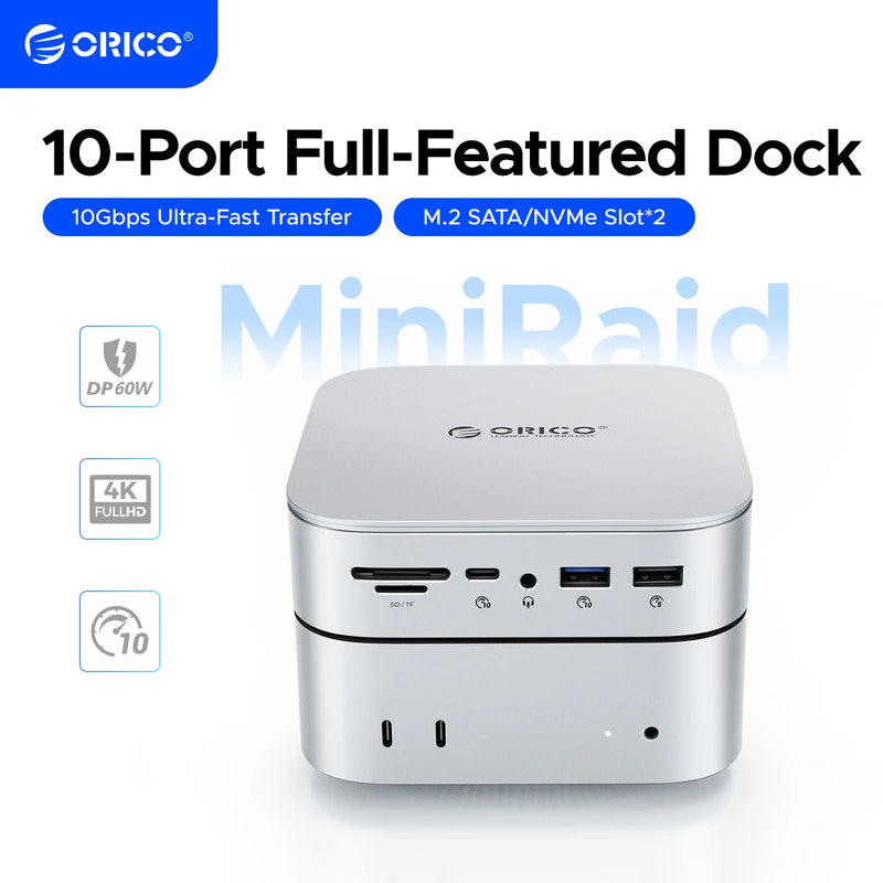 ORICO 10Gbps Docking Station Dual M.2 SSD Enclosure Hub 4K60Hz-HDMI PD60W offline Clone Expansion With Cooling Fan For Mac Mini