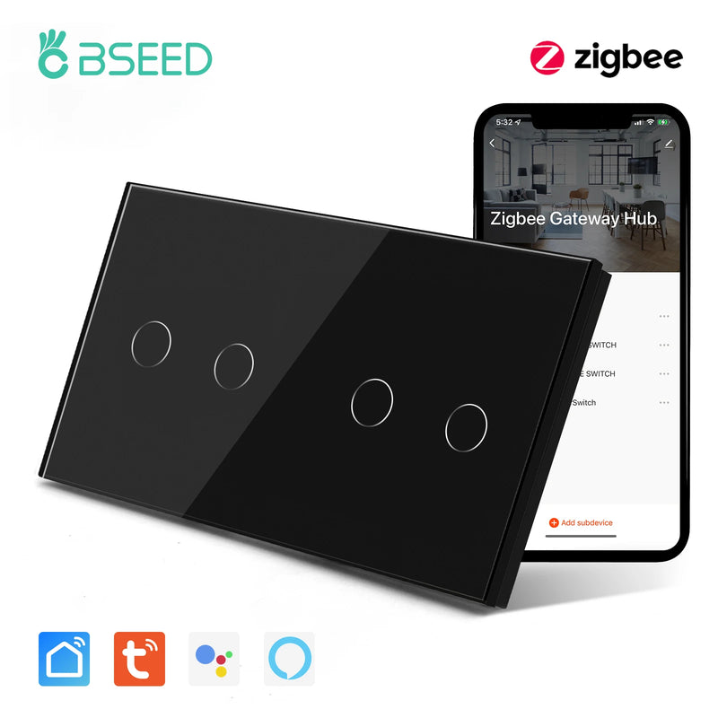 BSEED Zigbee Touch Switch 1/2/3Gang 1/2/3Way Smart Touch Light Switch Support Tuya Smart Life Alexa Control With No Neutral Line