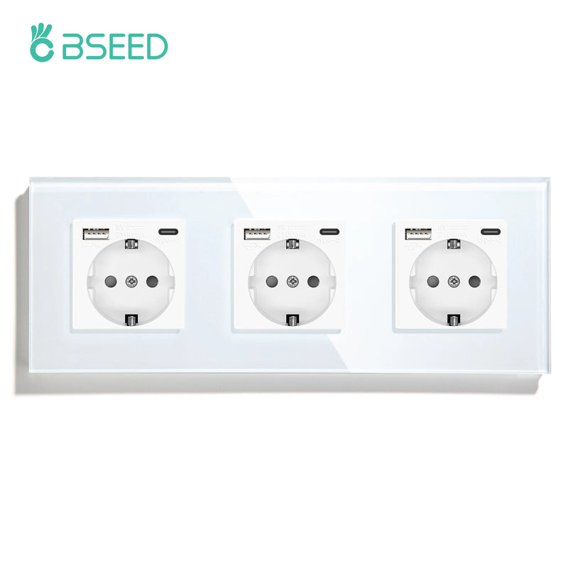 BSEED EU Standard Wall Electrical Sockets Type-C Outlets Wall Power Socket USB Charge Port Glass Panel Kids Protection 16A