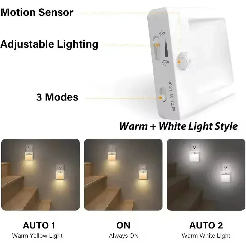 Plug in LED Motion Sensor Night Lights for Kids Bedroom Auto Dusk to Dawn Sensor Dimmable Stair Cabinet Bedside Kitchen Lamp