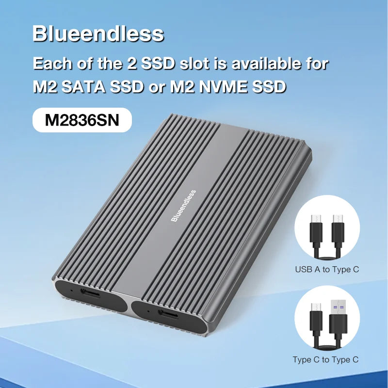 ប្រអប់ Blueendless Dual Bay M2 SSD ប្រភេទ C USB3.2 Gen2 10Gbps M.2 SATA NGFF Dual Protocol អាលុយមីញ៉ូម Alloy PCIe NVMe SSD Enclosure