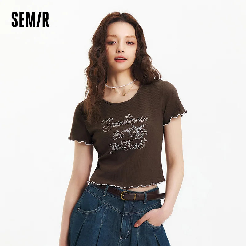 Semir Cut-Out Detail Short Sleeve T-Shirt Women Playful Lace Trim 2025 Summer New Floral Print Top