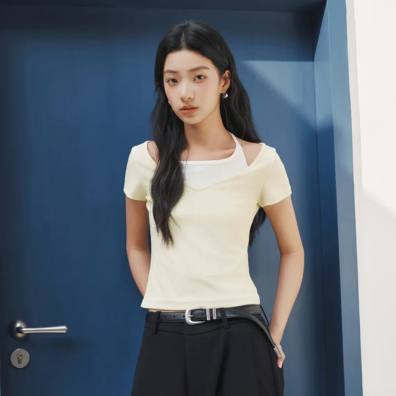 Semir Womens Tshirt 2026 Short Halter V Neck Fake Two Piece Bow Slim Rhinestone Casual Fashion