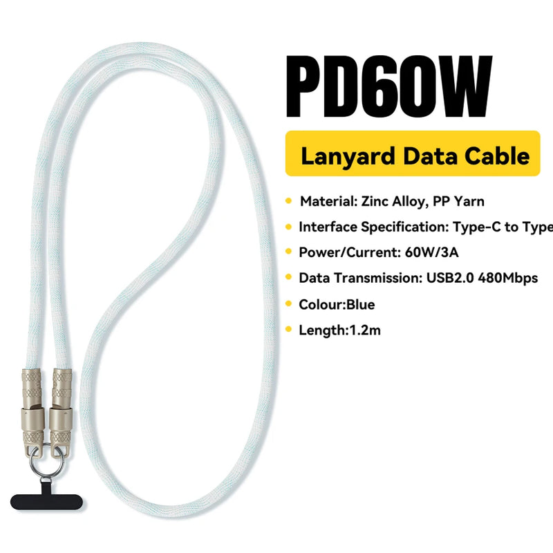 ខ្សែសាកទិន្នន័យ Essager 2 in 1 60W USB-C ទៅ Type-C Lanyard Data Cable 3A PD សាកលឿនសម្រាប់ iPhone 16 15 Samsung Huawei Laptop ខ្សែសាកប្រឆាំងការបាត់