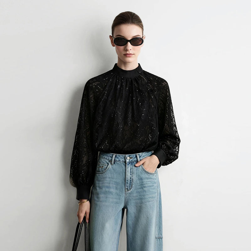 Amii Women Shirt Loose Fit Stand Collar Sequin Lace Raglan Sleeves Casual Office 2026 Autumn New Elegant Women Tops 12643029