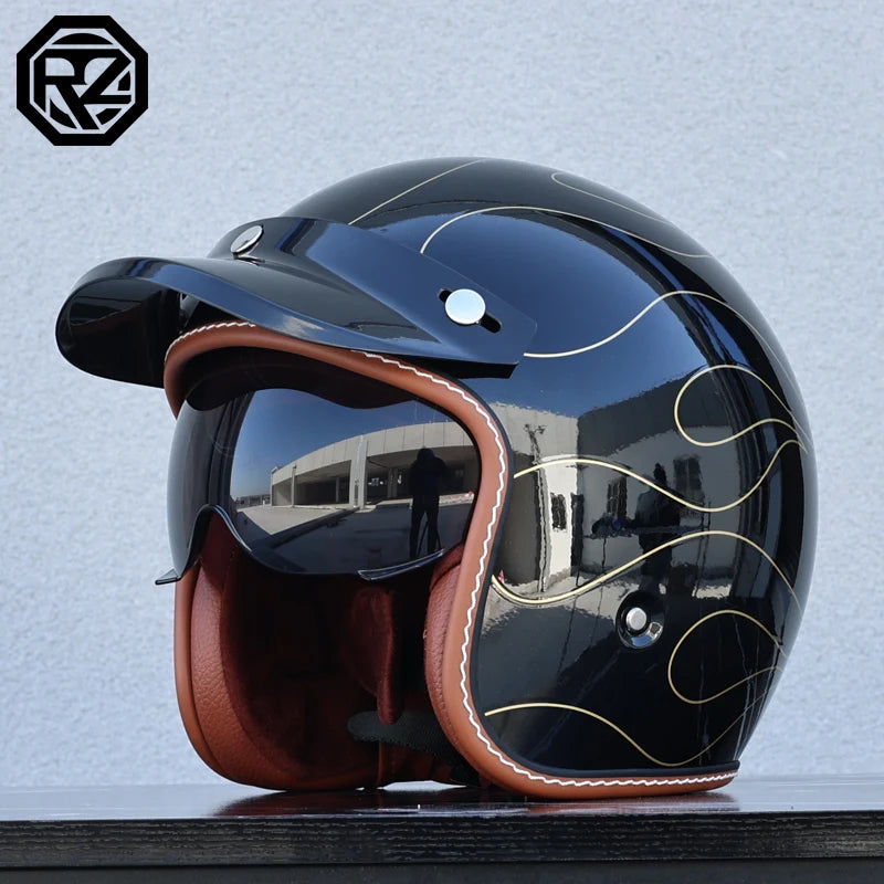 ORZ adult motorcycle helmet with built-in sun visor retro cruise 3/4 half helmet capacity motor DOT approval