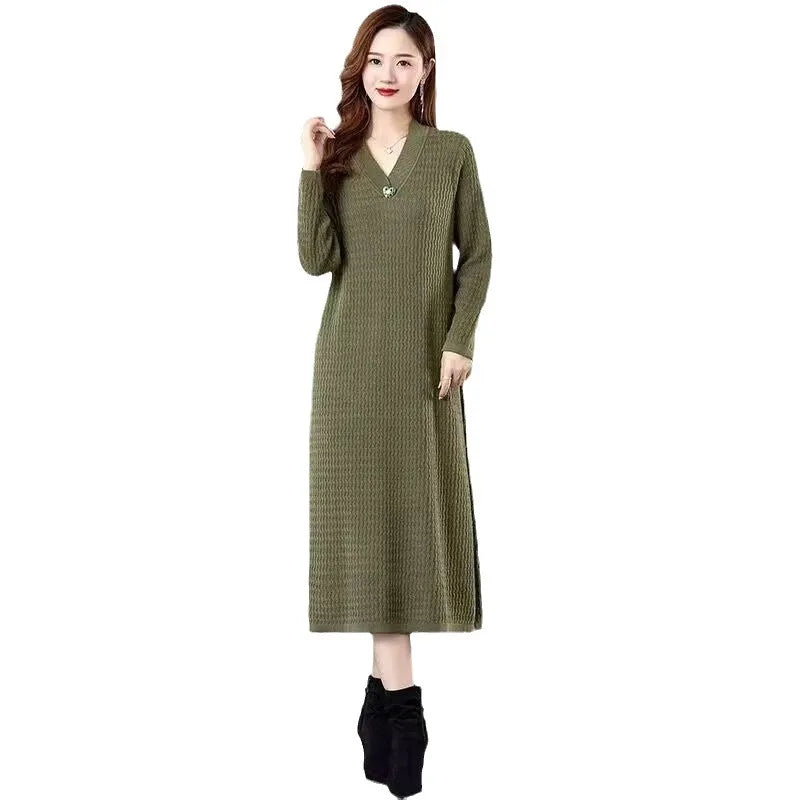 Vintage V Neck Long-Sleeve Pullover Dress New Knitting Woolen Sweater Women Long Jumper Middle Aged Mother Knitwear Clothes