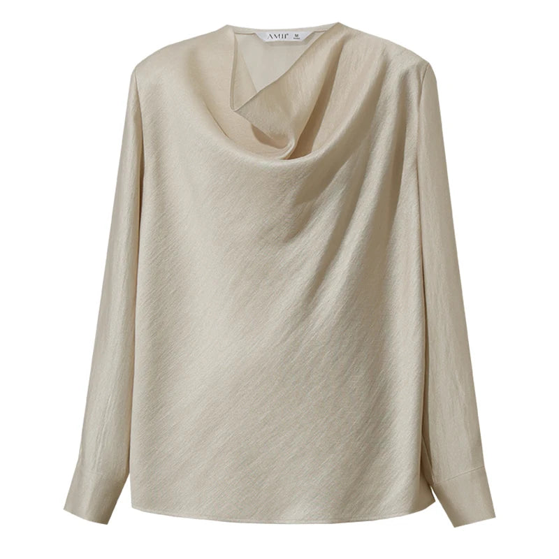 Amii Women's Satin Long Sleeve Blouse Draped Neck Elegant Oversized Minimalist Business Casual Top Autumn Woman clothes 12623131