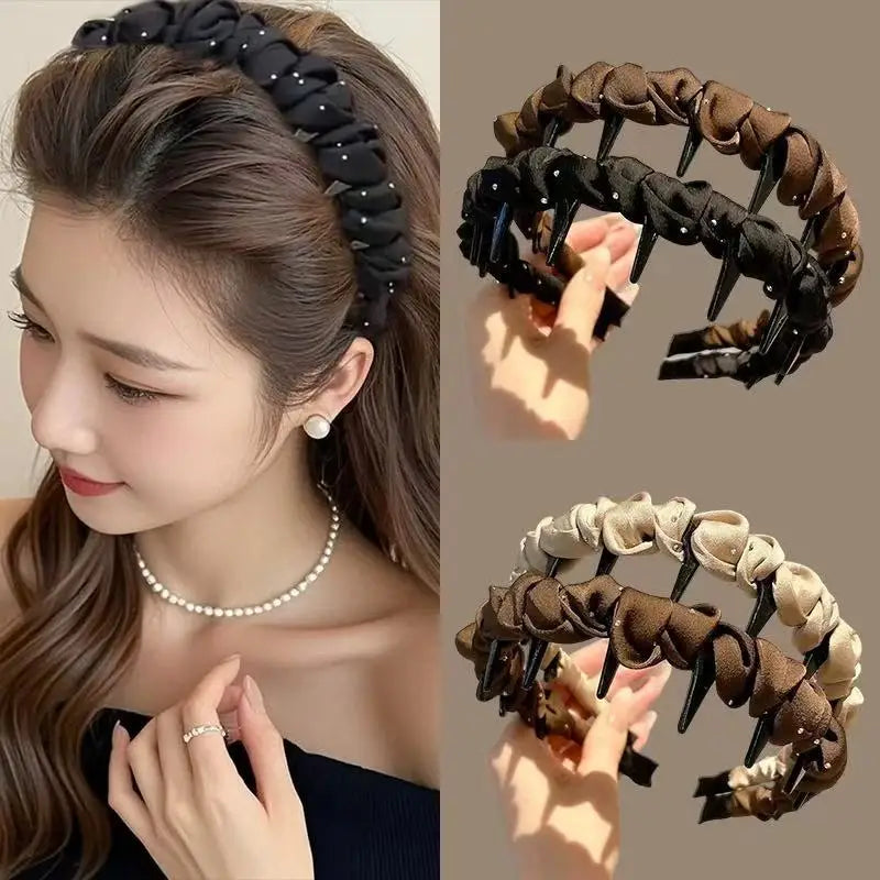 Fluffy High Skull Satin Full Sky Star Hot Diamond Headband for Women with Teeth Anti Slip Headband, High-End Feeling, Light Luxu