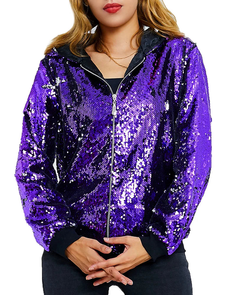 Sparkling Red Hooded Jacket with Sequin Decoration for Women, Fashionable Gold Outerwear with Silver Blue Purple Green Options