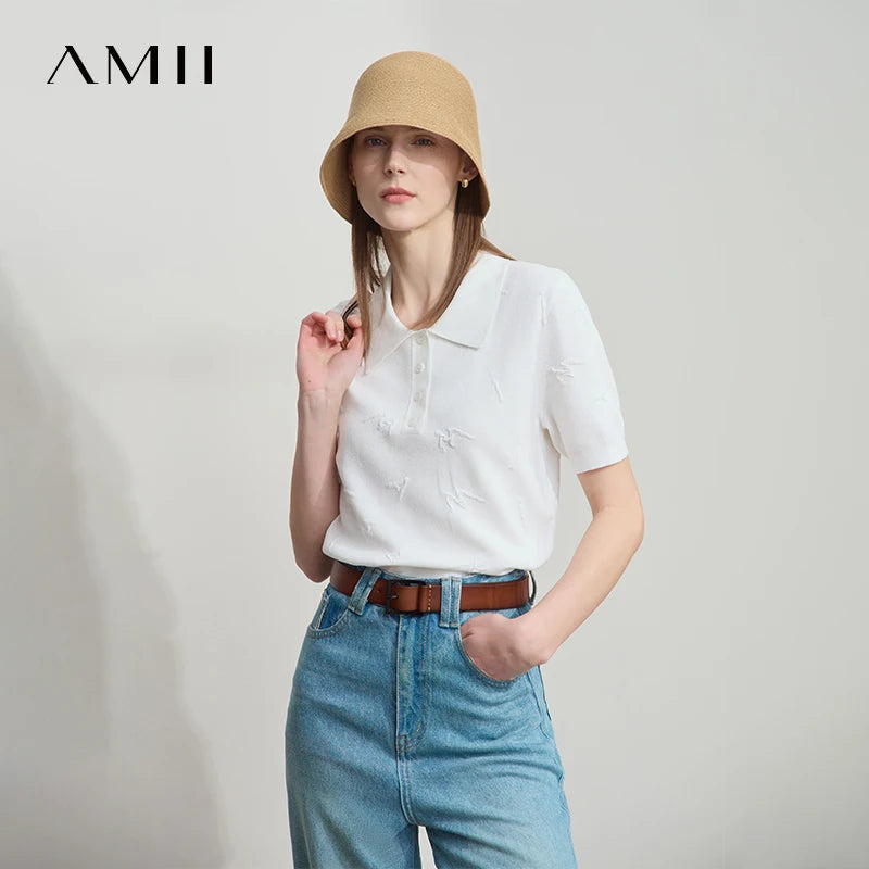 អាវយឺតដៃខ្លី Amii Minimalist សម្រាប់នារី រដូវស្លឹកឈើជ្រុះ ឆ្នាំ២០២៦ ថ្មី POLO ក អក្សរ Jacquard អាវច្រើនមុខងារ 12542136