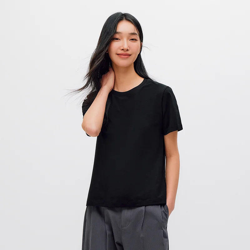 Semir Women Tshirt Solid Color Slim Fit Crew Neck Short Sleeve Summer 2026 Versatile Casual Everyday Fashion Top