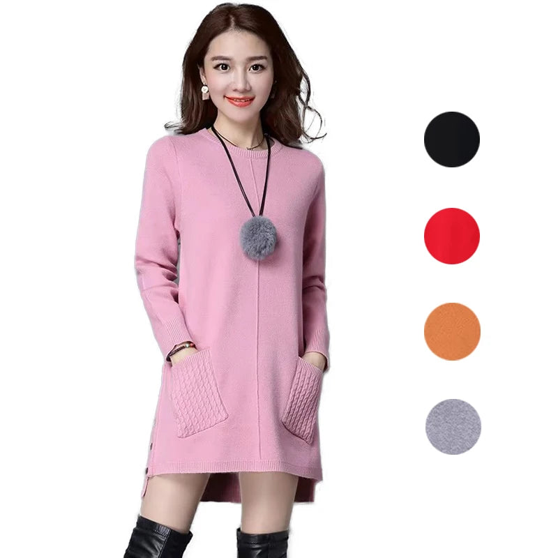 Fdfklak Autumn Winter Sweater New Women's Solid Color Loose Pullover Tops Long-Sleeved Pocket Knit Sweaters Dress Pull Femme 3XL