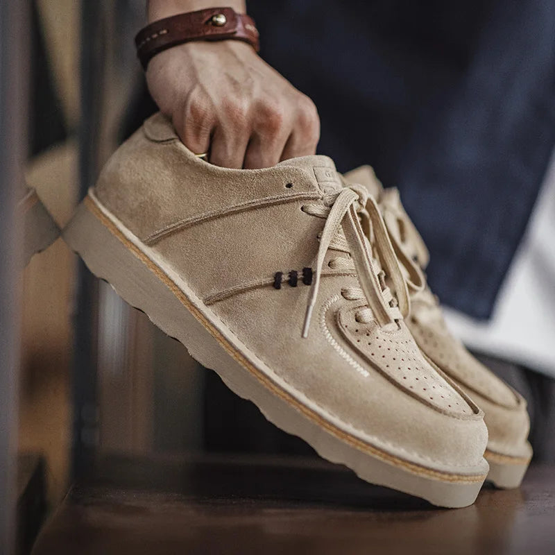 Maden Men's Retro  Lace-Up Round Toe Casual Sneakers Cow Suede Work Shoes Chunky Platform Sole Leather Breathable Skate Shoes