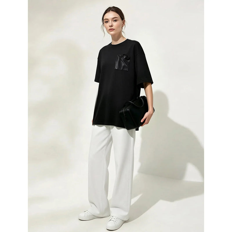 Amii Women's T-Shirt 2026 Summer New Oversized Cotton Short Sleeve Tops Side Slit Mid Length Patch Pocket Tee Shirt 12642037