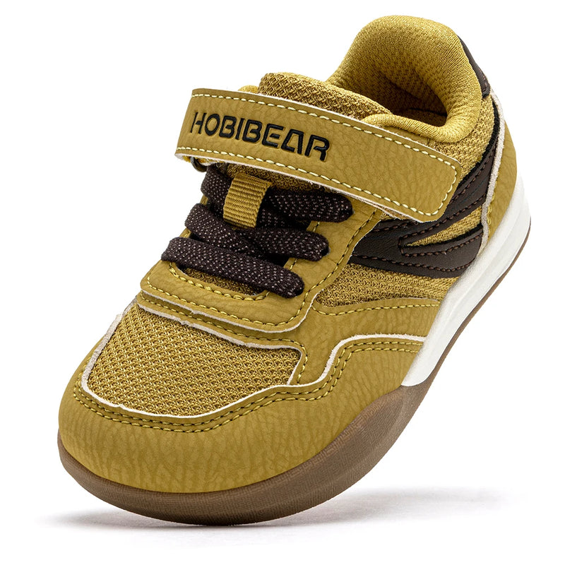 HOBIBEAR Toddler Kids Wide Width Sneakers Hook-Loop Walking Shoes Minimalist Artificial Leather Mesh Patchwork Sneaker